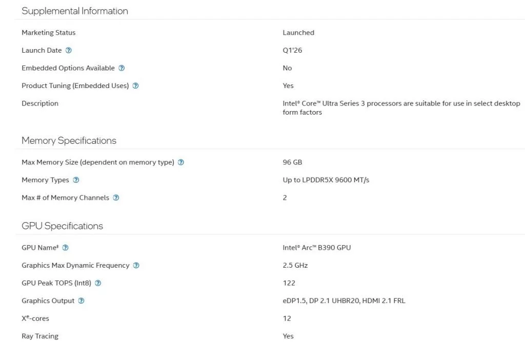 جدول مشخصات پردازنده Core Ultra X9 378H
